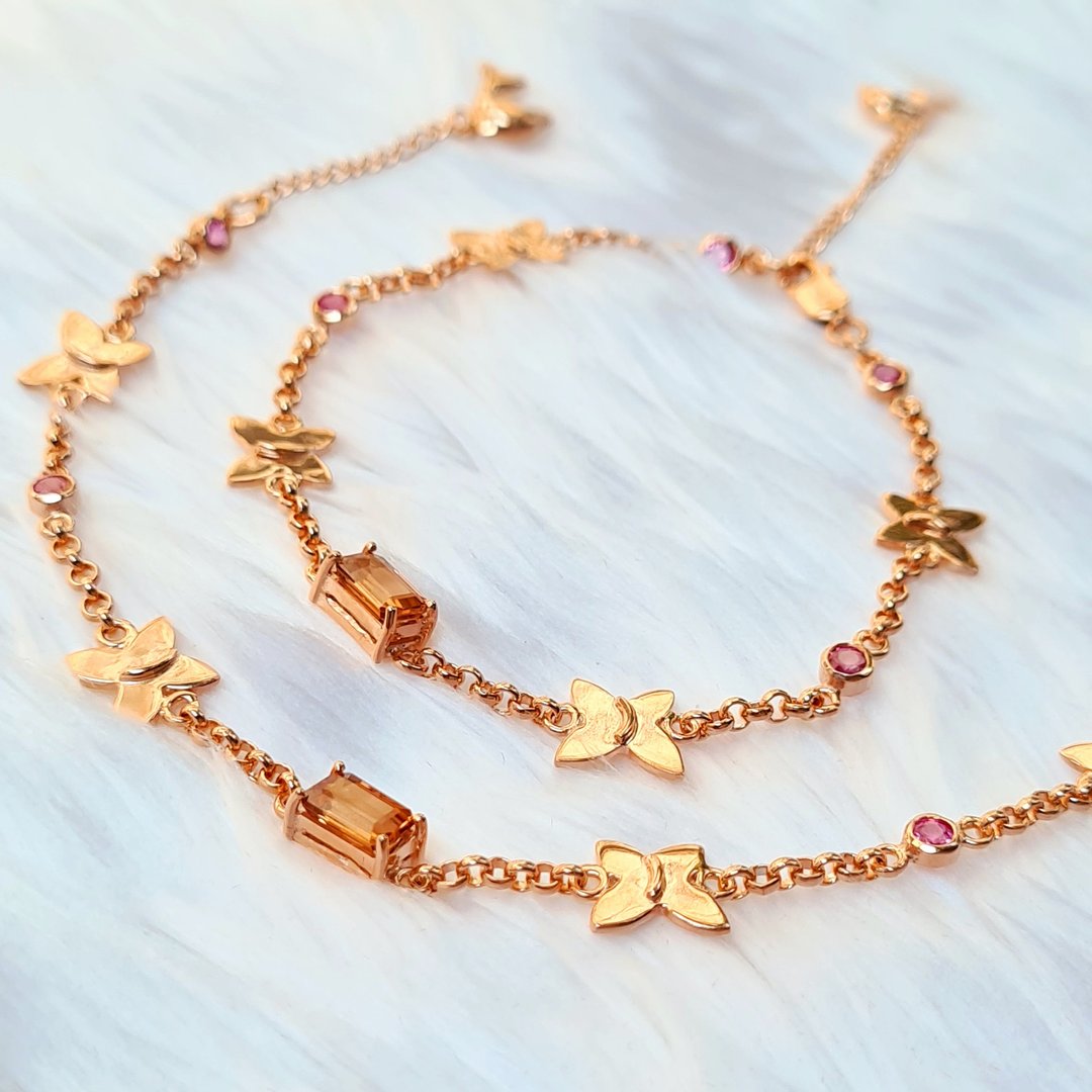 Zircon bracelet decorated with pink sapphire, Silver, pink gold plated - 手链/手环 - 宝石 多色