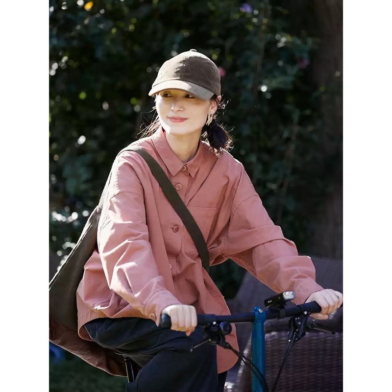 旧粉色翻领开襟长袖衬衫初秋外套 - 女装衬衫 - 棉．麻 