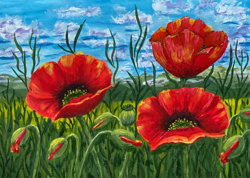 Scarlet poppies in the Tuscany valley. Painting Gouache. - 墙贴/壁贴 - 纸 