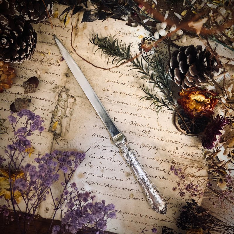 法国Art Nouveau 纯银柄订制款大型雕花拆信刀 - 剪刀/拆信刀 - 纯银 银色