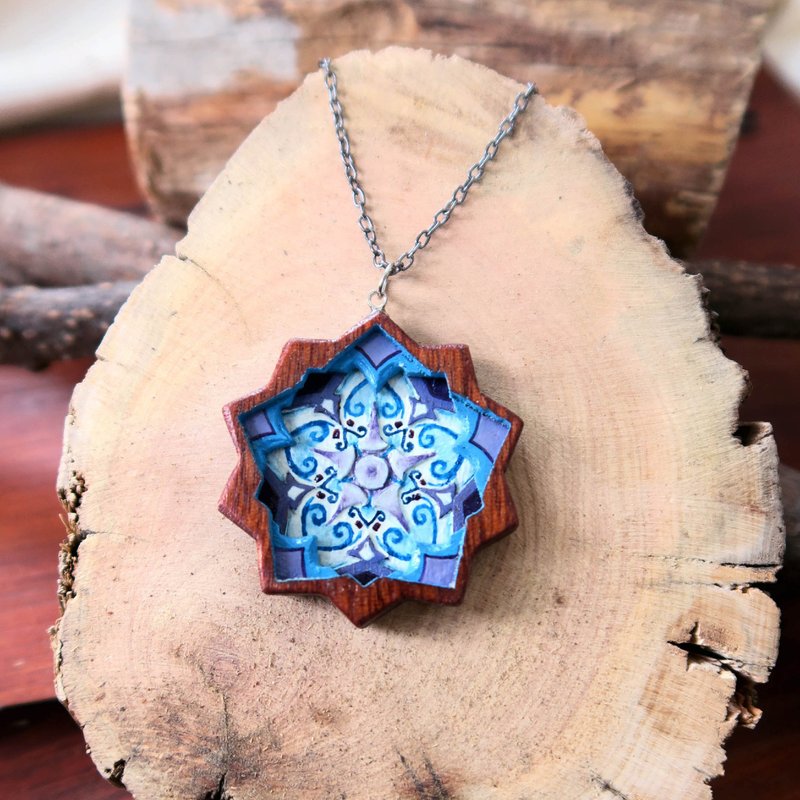 手工雕刻浮雕木雕刻蓝色 Mandala 曼陀罗 (SOLD 已售完) - 项链 - 木头 蓝色