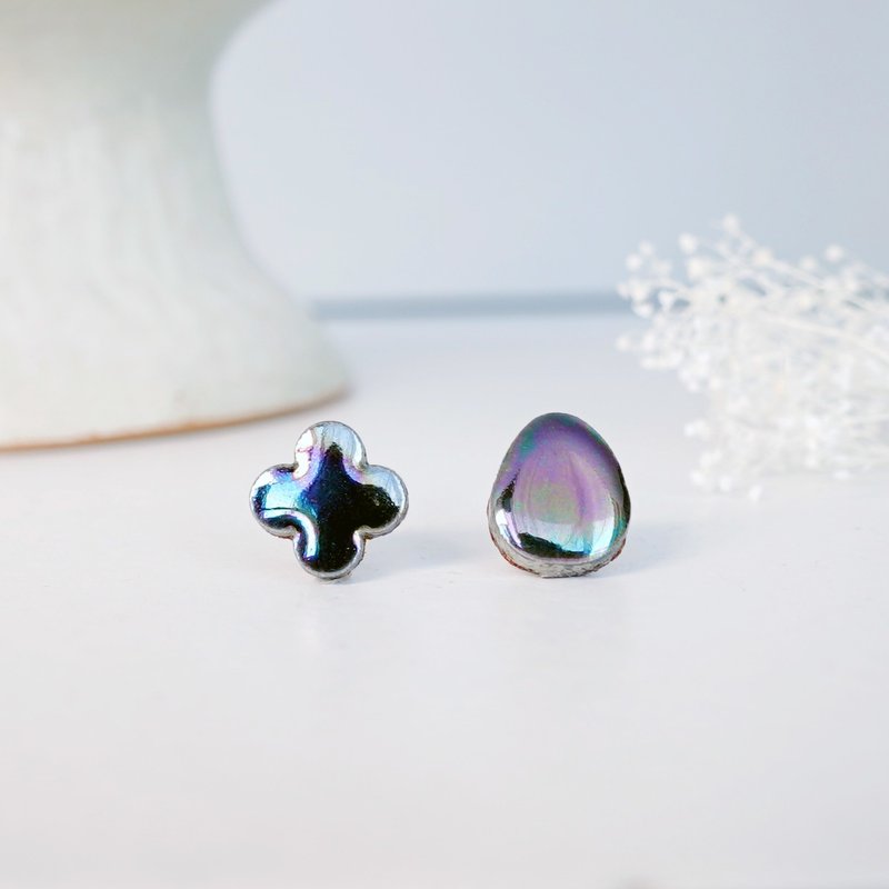 美浓烧瓷砖耳环 黑珍珠色 真皮背面 日本手工制作 - 耳环/耳夹 - 瓷 黑色