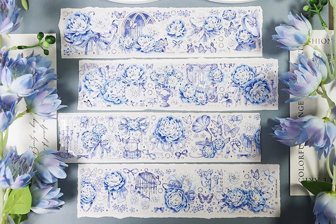 OKMT新七天原创社团咕卡贴纸PET手帐手账胶带 特殊工艺 冰蓝牡丹 - 纸胶带 - 塑料 蓝色
