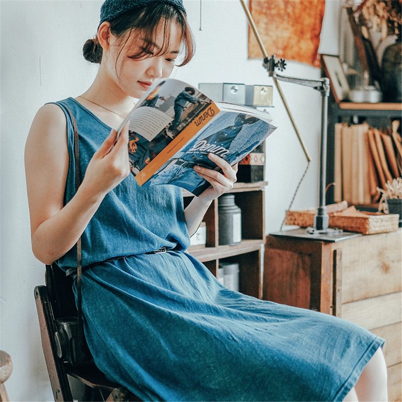 靛藍色 3色 植物染漢麻有機棉針織背心洋裝 文藝基本長款連身裙 - 洋装/连衣裙 - 棉．麻 蓝色