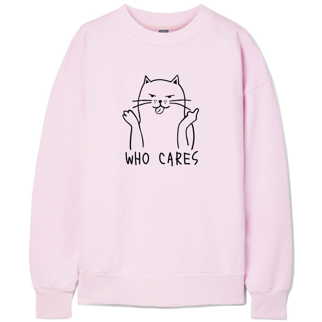 Who Cares Cat #2 中性大学T 刷毛 浅粉 狗猫毛小孩圣诞交换礼物 - 女装上衣 - 棉 粉红色