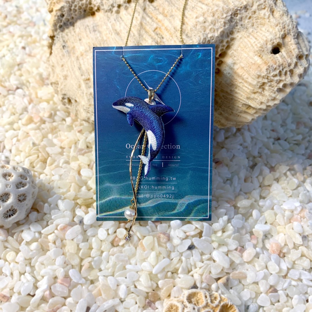 项链 虎鲸 刺绣 海豚 胸针 定制 珍珠 生日 礼盒 礼物 手工 情人 - 项链 - 绣线 