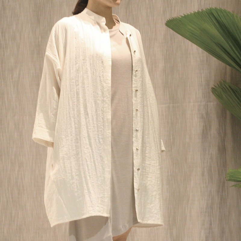 立领Oversize衬衫 - 女装衬衫 - 棉．麻 白色