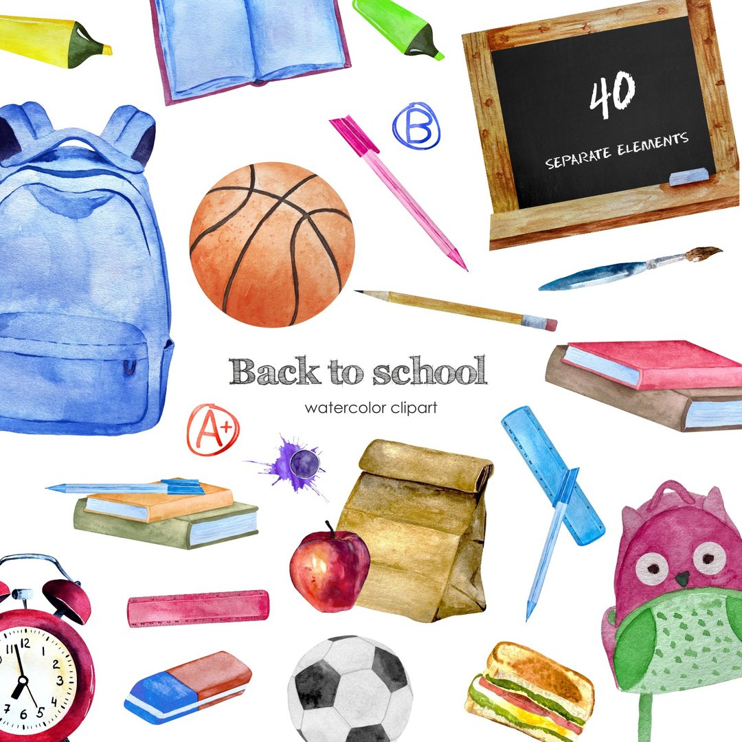 Watercolor Back To School clipart. School supplies illustration - 插画/绘画/写字 - 其他材质 多色