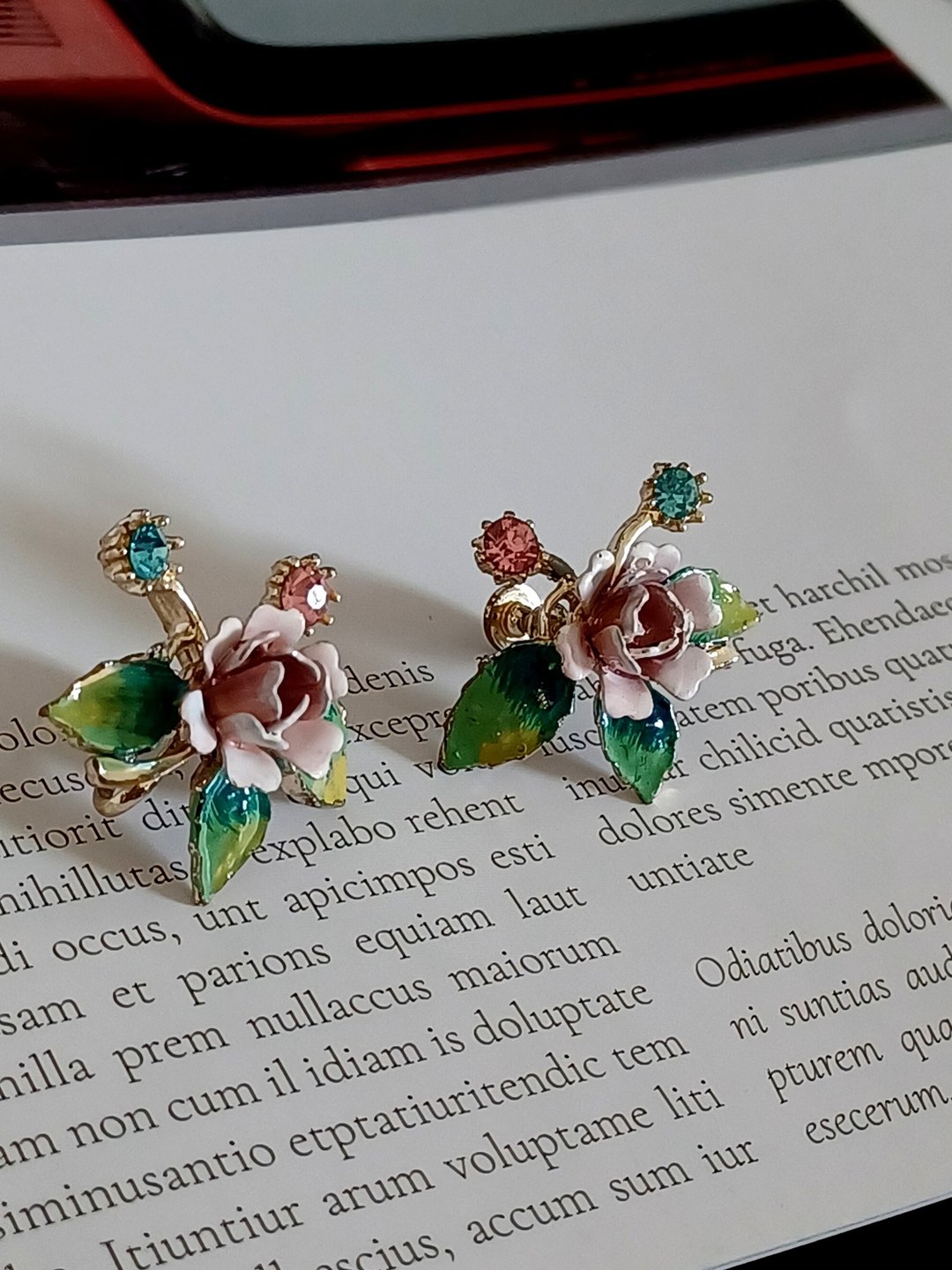 vintage jewelry  花卉珐琅莱茵夹式耳环 - 耳环/耳夹 - 其他金属 