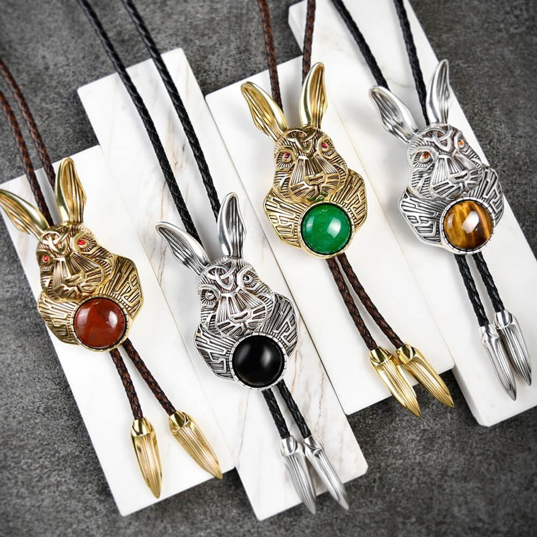 十二生肖 瑞兔呈祥 兔子 保罗领带 Bolo Tie 真皮皮革领绳 长项链 - 领带/领带夹 - 真皮 银色