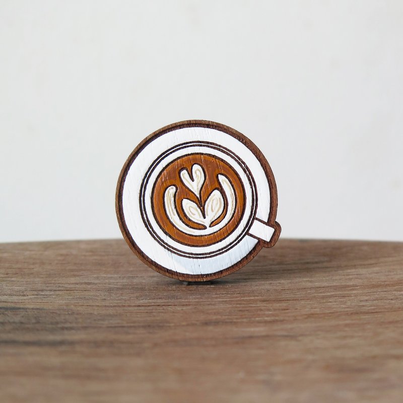 Wooden brooch coffee latte flat white - 胸针 - 木头 咖啡色