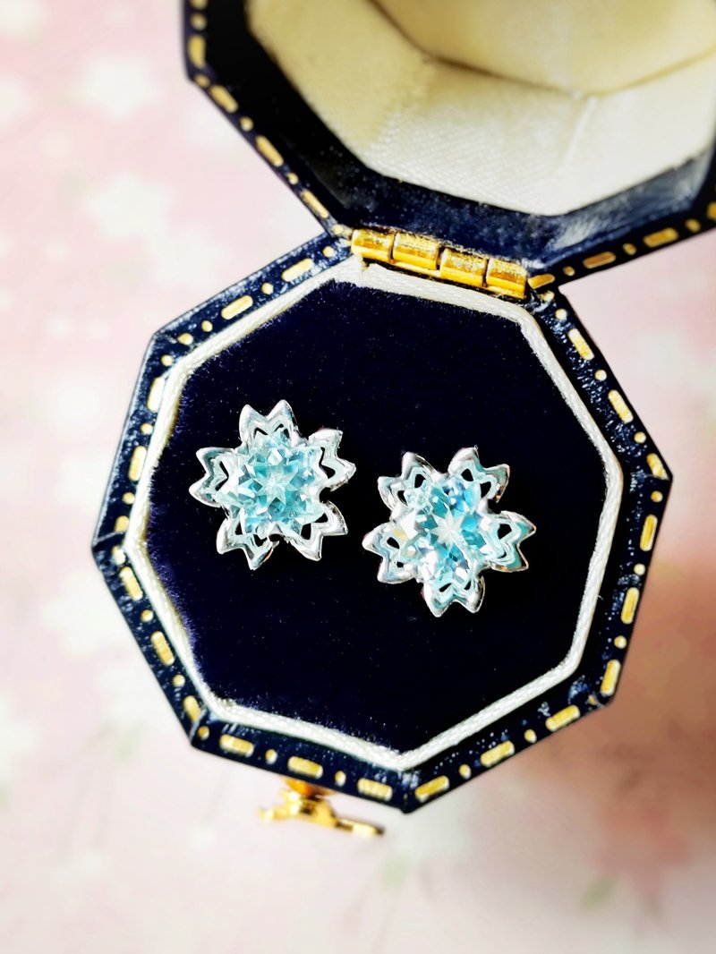 特别樱花切割 瑞士蓝托帕石 纯银电镀 18K 白金耳钉耳环 - 耳环/耳夹 - 半宝石 蓝色