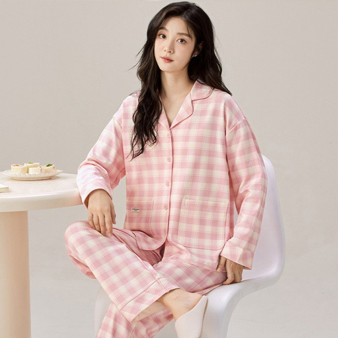 Pink Lady 排扣式 经典格纹 印花宽版 秋冬长袖成套睡衣 居家服 - 居家服/睡衣 - 其他人造纤维 粉红色