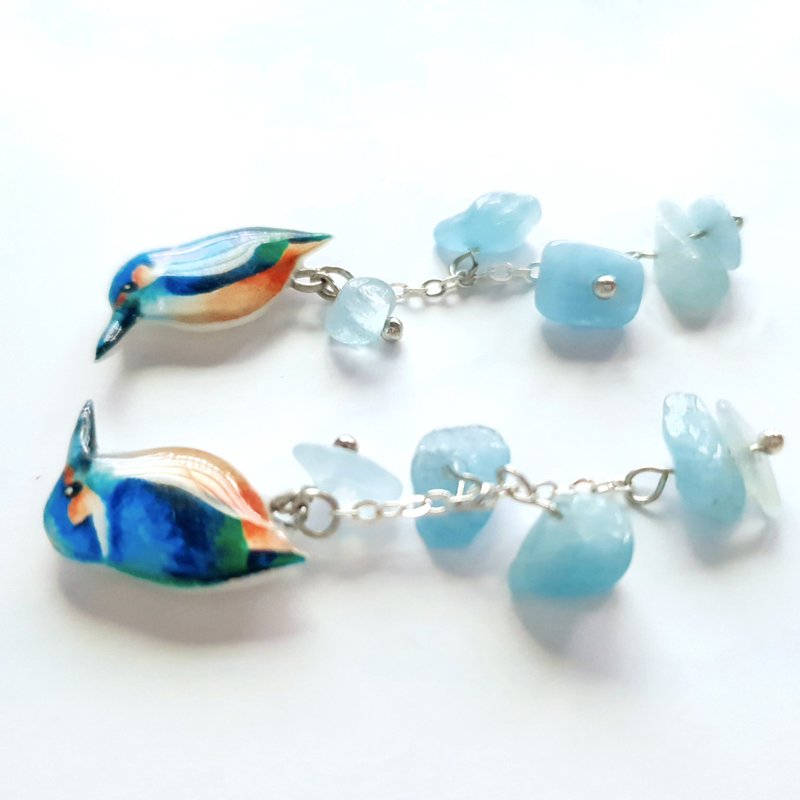 【动物们 No.021】翠鸟 天然石耳环/耳夹 - 耳环/耳夹 - 树脂 蓝色