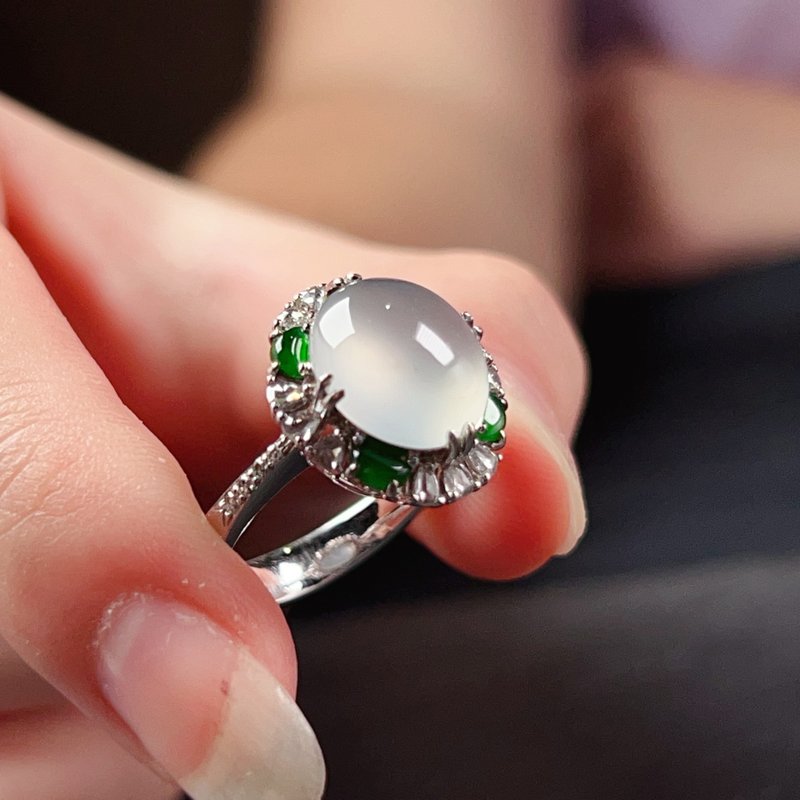放光玻璃种蛋面设计款戒指18K金钻石 | 天然缅甸翡翠A货 | 送礼 - 戒指 - 玉石 多色