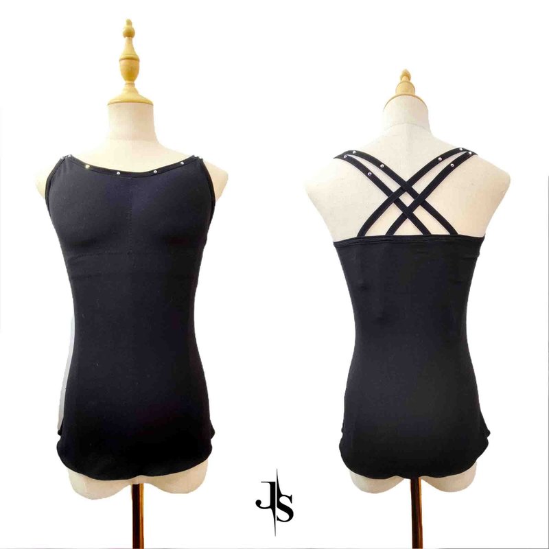 花樣滑冰水鑽肩帶內層打底吊帶上衣附胸墊插袋 - 女装背心 - 聚酯纤维 黑色