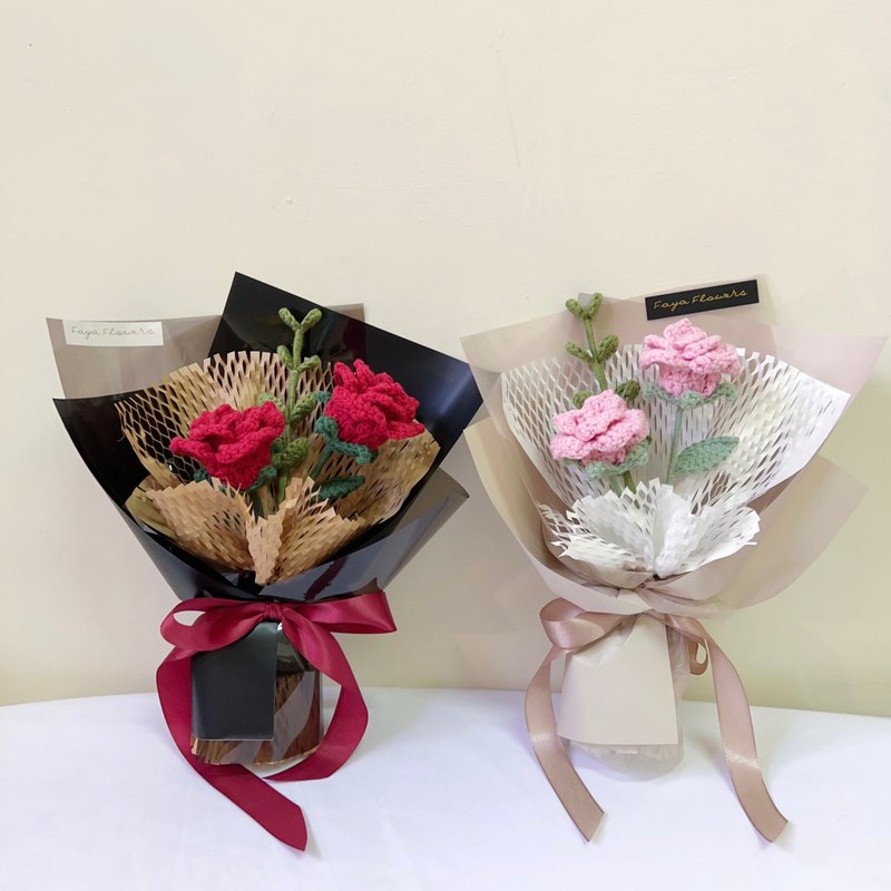 情人节首选纯手工针织花束 两朵小玫瑰花束七夕 - 干燥花/捧花 - 棉．麻 多色