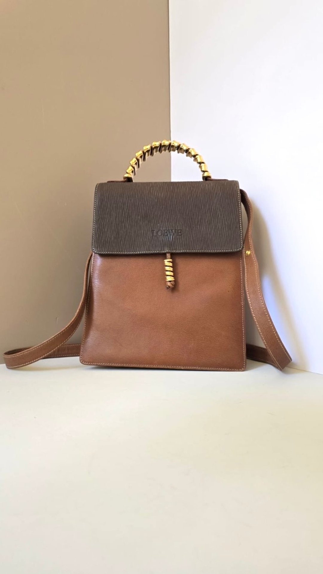 绝版古董包 Loewe 中古蛇骨凯莉包 单肩包 皮革包 斜背复古二手 - 侧背包/斜挎包 - 真皮 咖啡色