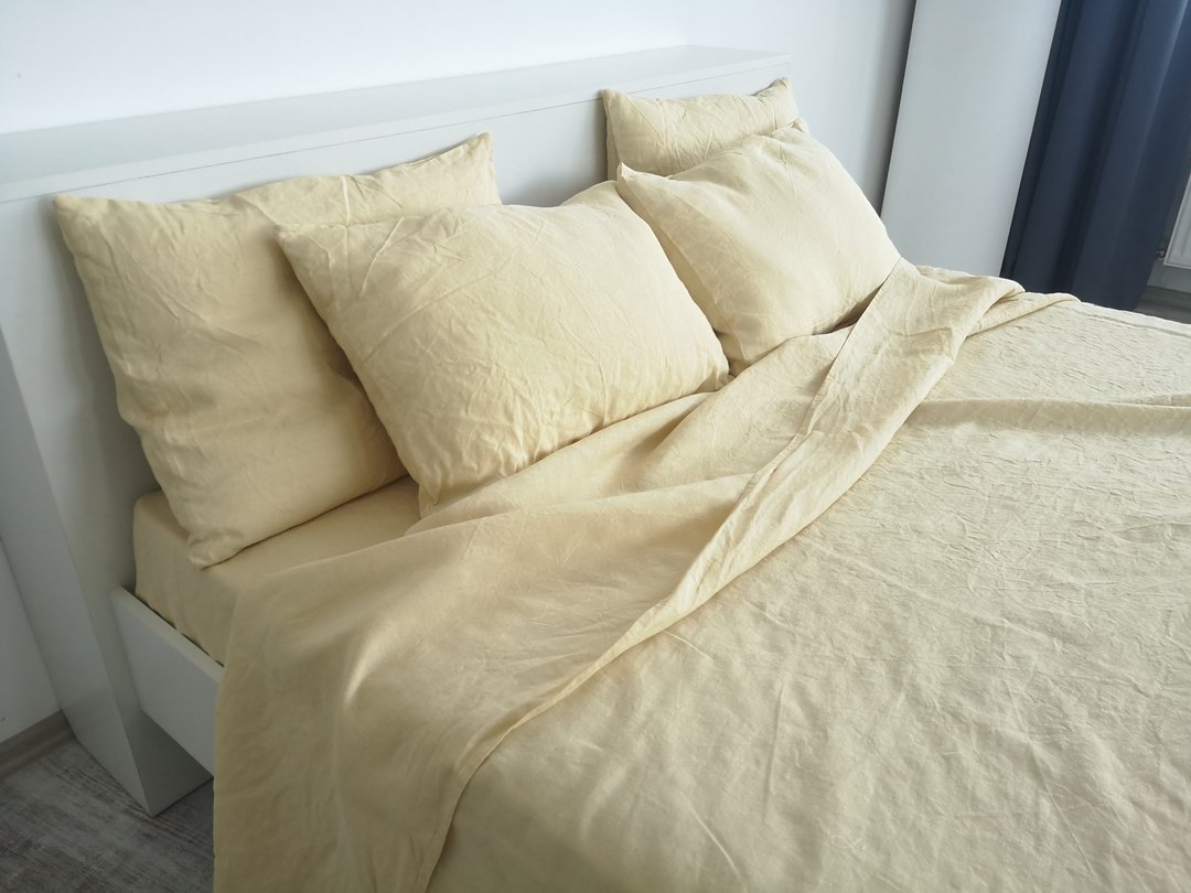 Pastel yellow linen sheet set / Flat+fitted sheet+2 pillowcases / Yellow bedding - 寝具 - 亚麻 黄色