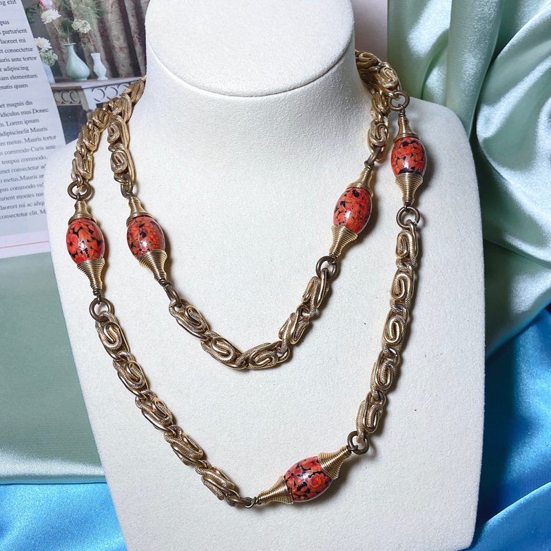 【西洋古董饰品】MM可双层叠戴 金属雕纹橘色花雕金属编织 长项链 - 项链 - 贵金属 金色