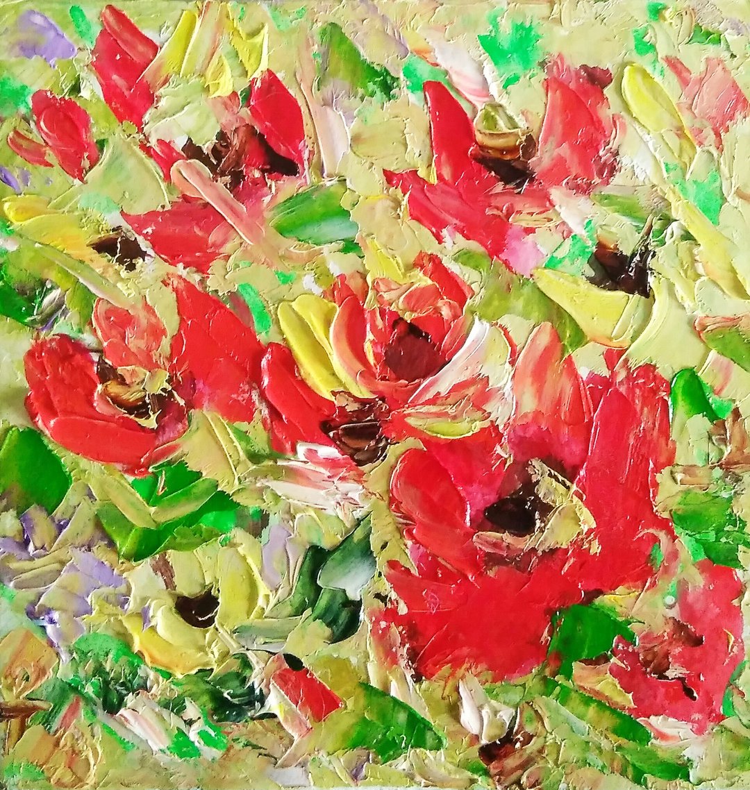 Abstract Floral Painting, Small Original Art, Flower Artwork, Meadow Wall Art - 海报/装饰画/版画 - 其他材质 红色