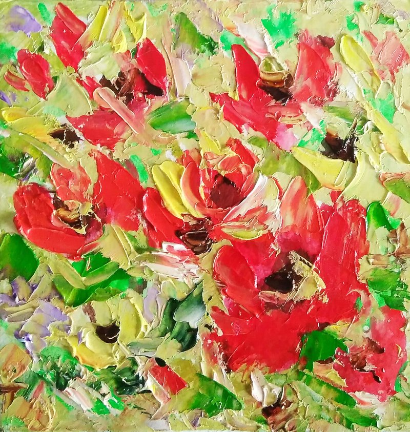 Abstract Floral Painting, Small Original Art, Flower Artwork, Meadow Wall Art - 海报/装饰画/版画 - 其他材质 红色