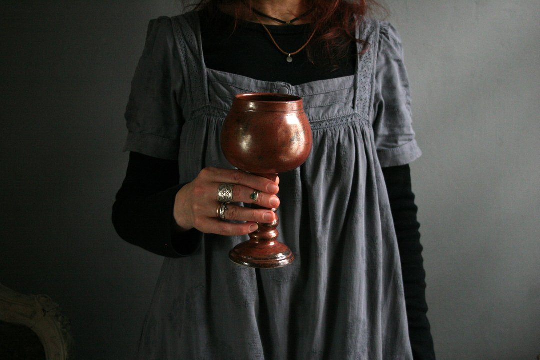 Ceramic goblet Handmade pottery wine glass Viking goblet - 酒杯/酒器 - 陶 红色