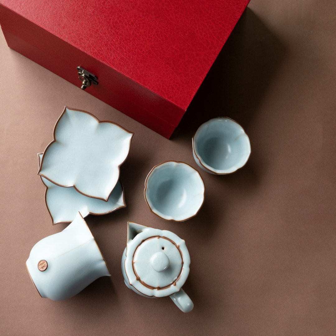 【沐春生活】祥亿窑 天青汝窑 幸福茶具组 陶艺名家叶敏祥制 - 茶具/茶杯 - 陶 蓝色