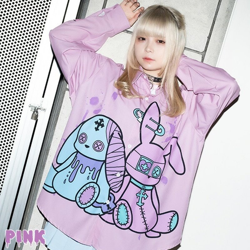 暗黑萌病娇病カワ兔娃娃大兔子印花宽松长袖衬衫【JA0347】 - 女装上衣 - 聚酯纤维 