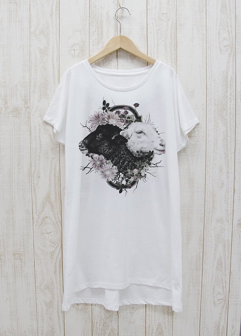 ronronSHEEP One Piece Tee Flower Frame White / R034-O-WH - 中性连帽卫衣/T 恤 - 棉．麻 白色