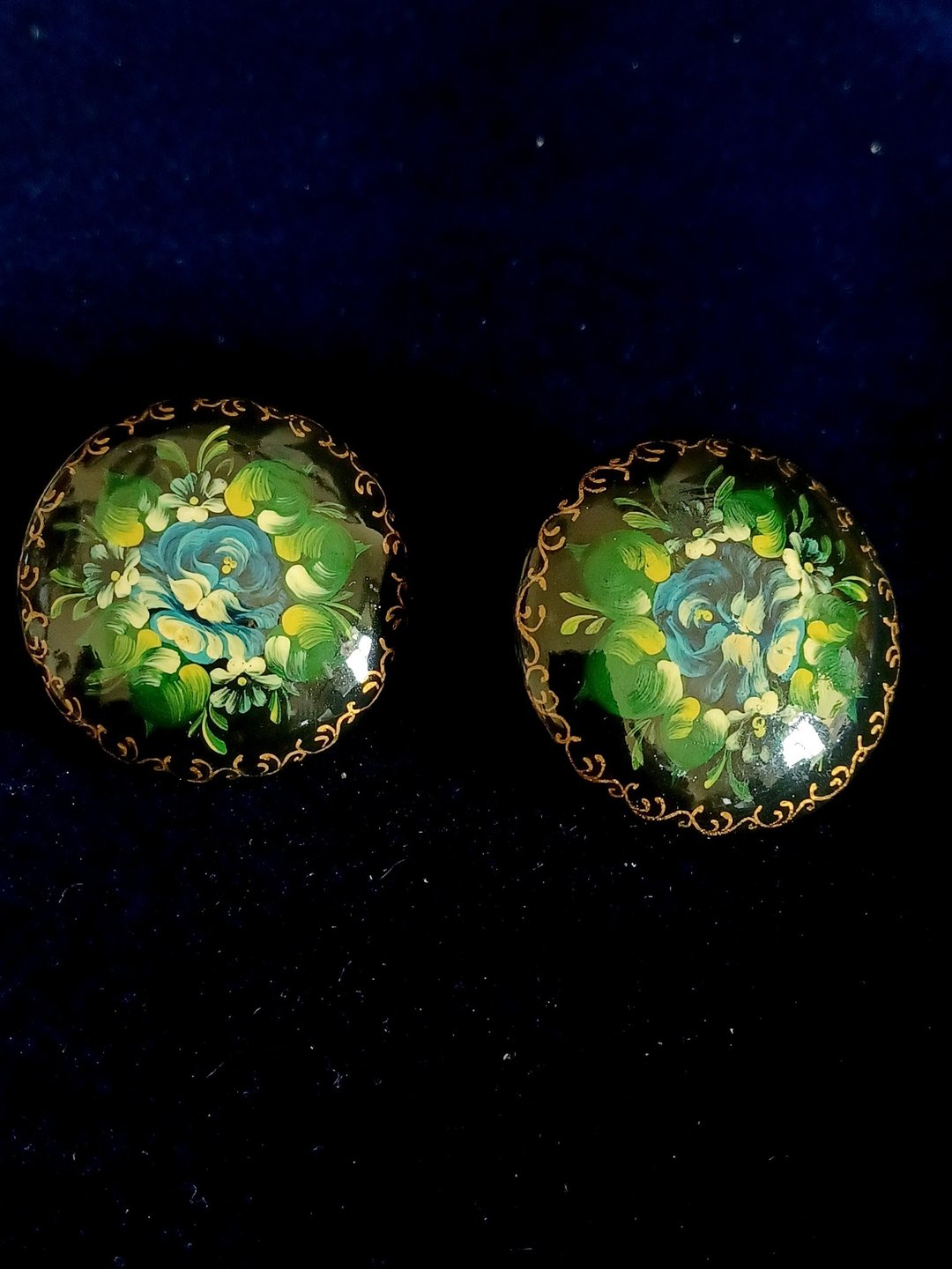 vintage jewelry  俄罗斯手绘 蓝玫瑰 木制漆涂  针式耳环 - 耳环/耳夹 - 木头 