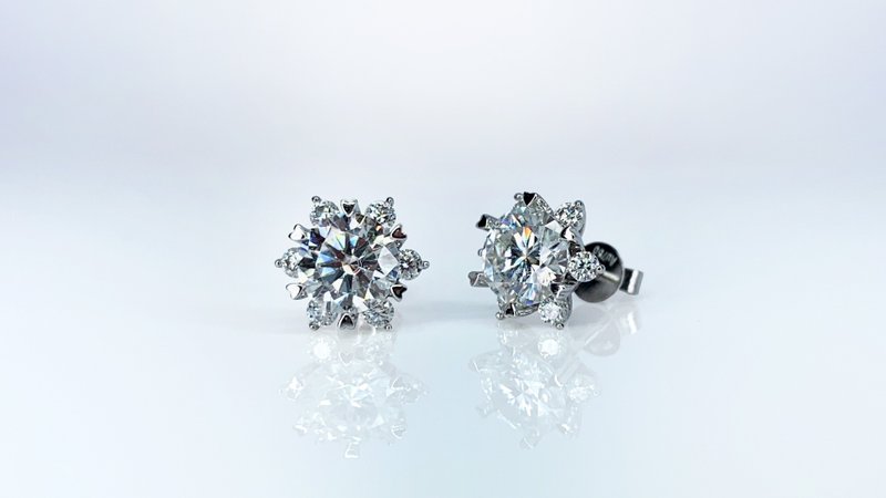 莫桑钻 |  雪花钻石耳环  | 台中门市 |  可升级K金白金真钻 - 耳环/耳夹 - 纯银 