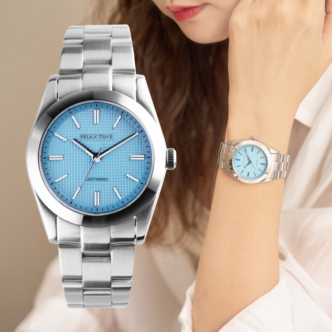 Relax time太阳能 经典立体格纹女表-湖水绿 (RT-105S-2L) 34mm - 女表 - 不锈钢 蓝色