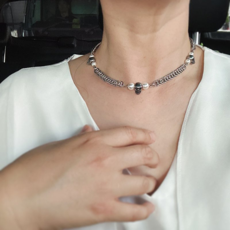 珍珠骷髅 不锈钢项链 颈链 - 项链 - 不锈钢 银色