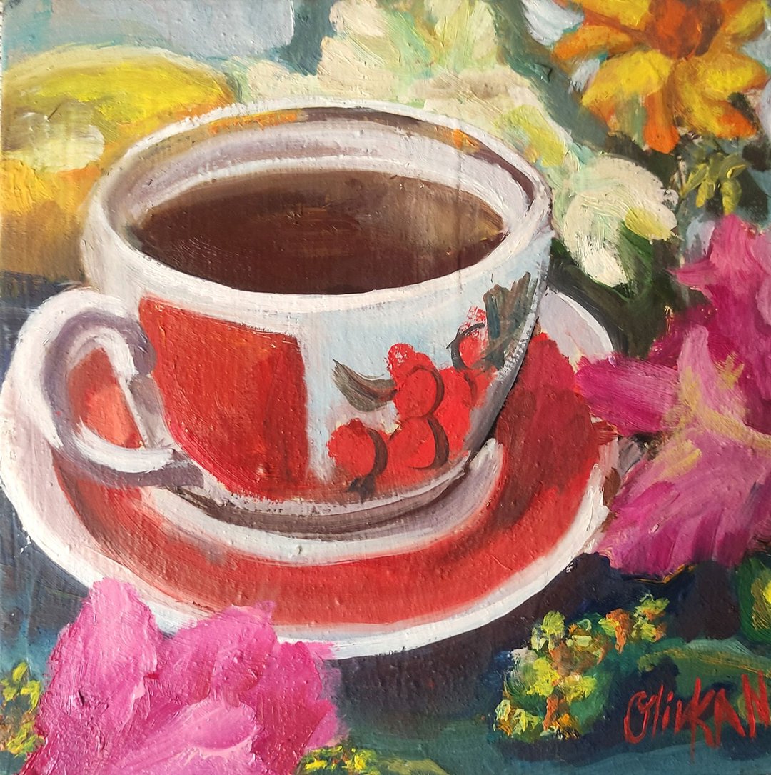 茶杯油画向日葵艺术品茶画 20 x 20 厘米花卉墙艺术 - 海报/装饰画/版画 - 环保材料 红色