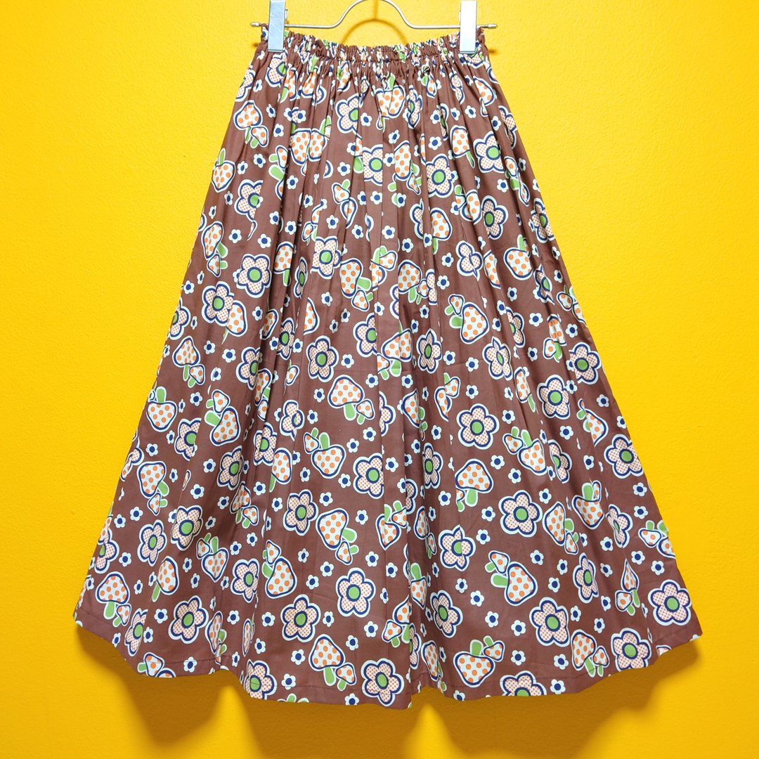 Mushroom & Flower Skirt Brown / Free size / Japanese Textile / Made in Japan - 裙子 - 棉 咖啡色