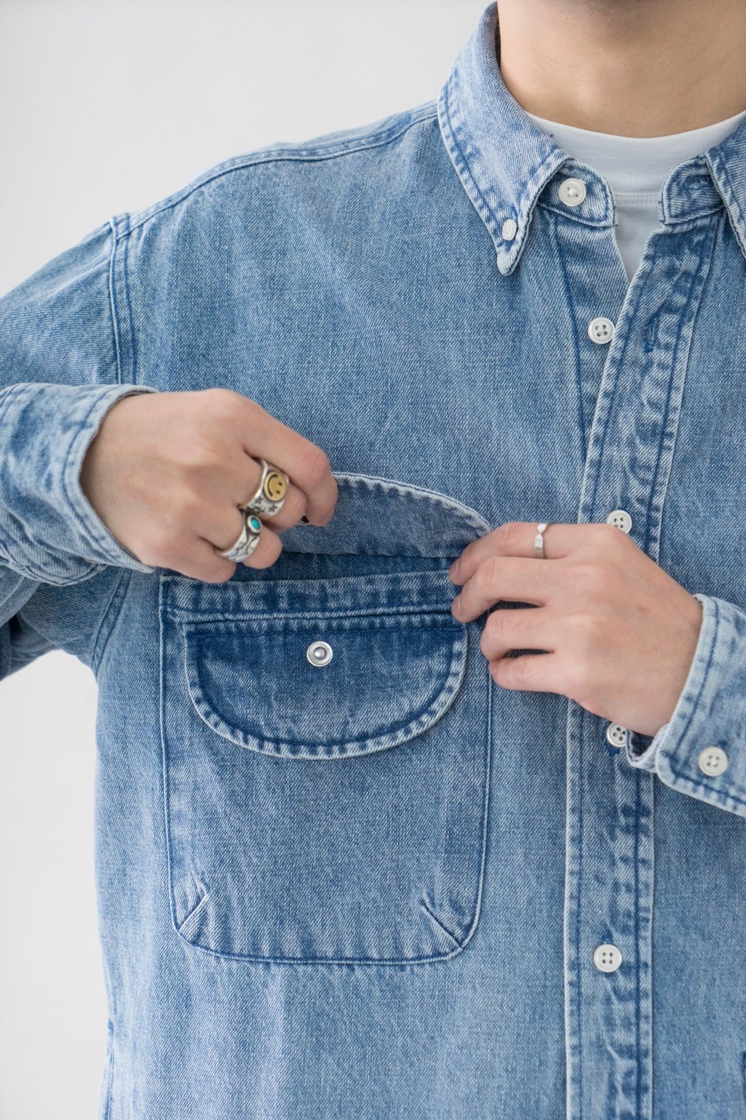 Denim Shirt 日式復古洗水牛仔襯衫 vintage indigo 多口袋設計 - 男装衬衫 - 棉．麻 蓝色