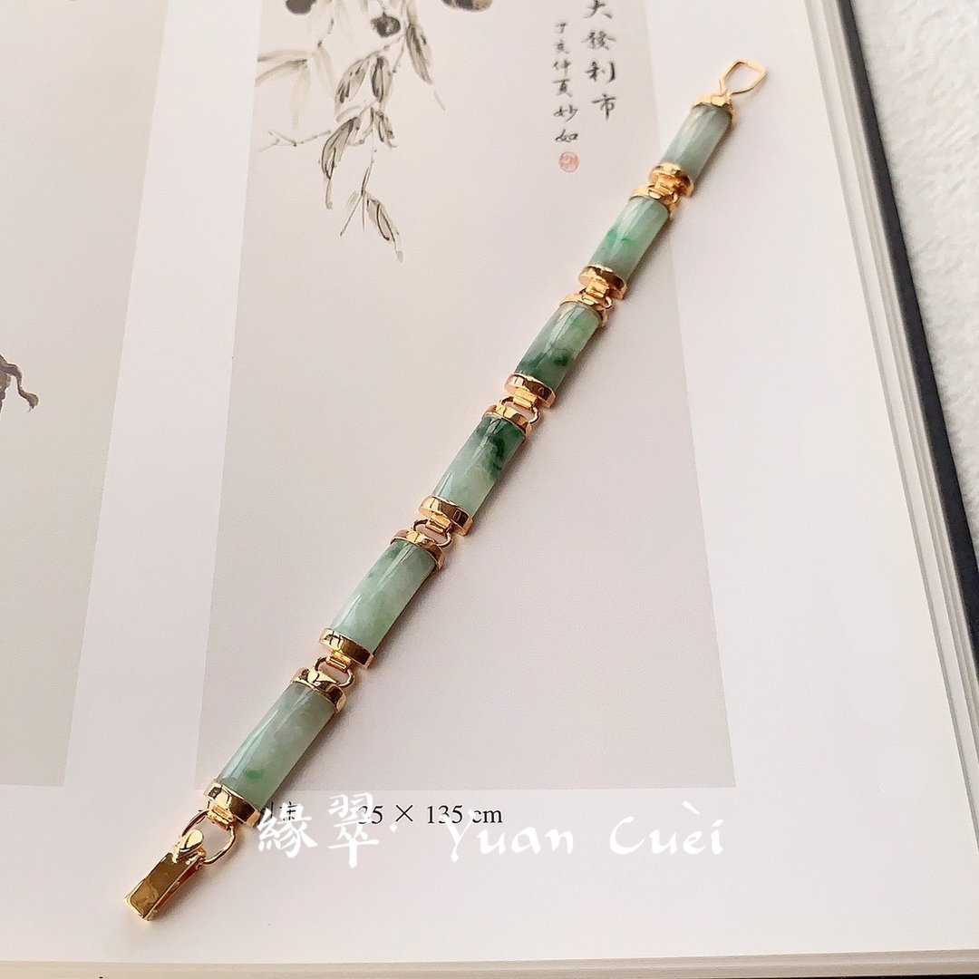 缘翠－Yuan Cuèi－天然缅甸A货飘花翡翠 18K金手链 - 手链/手环 - 玉石 绿色
