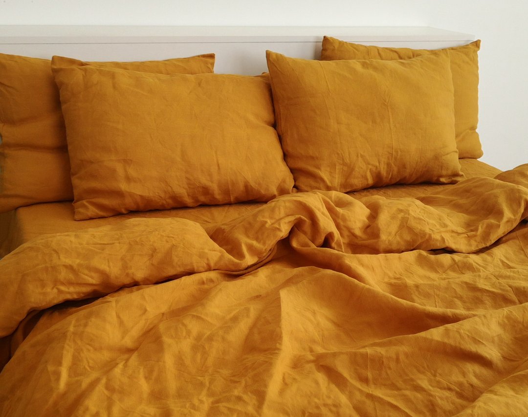 Turmeric linen duvet cover / Softened linen / Comforter cover / Quilt cover - 寝具 - 亚麻 黄色