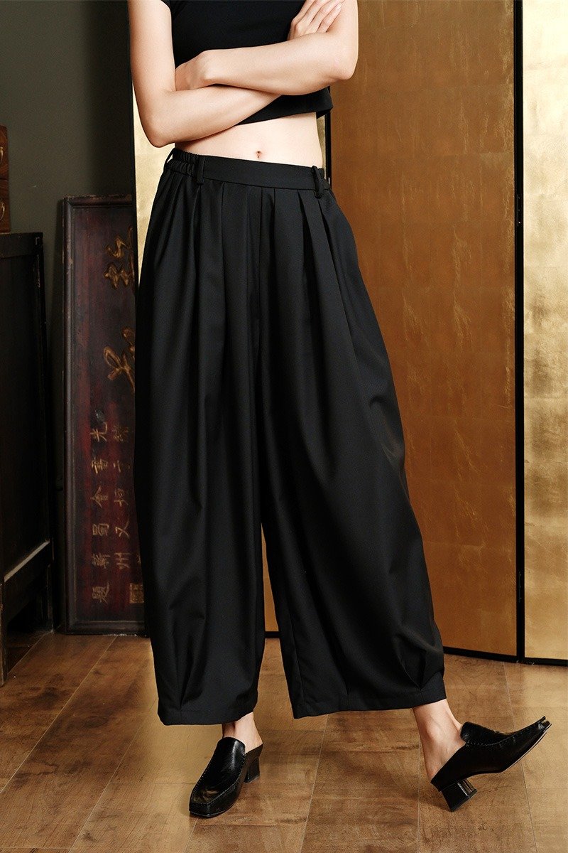 引弓/中国风山本裤 复古中性长裤 - 女装长裤 - 聚酯纤维 黑色