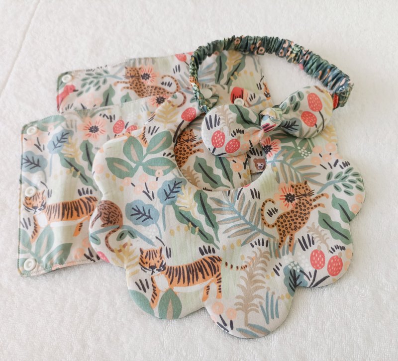 【5日内出货】弥月礼物 周岁礼物 老虎 花豹 婴儿发带 围兜 背 - 围嘴/口水巾 - 棉．麻 多色