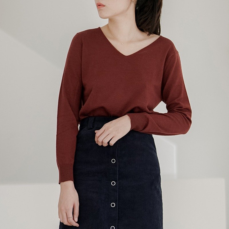 红咖色/灰色 高品质100%美丽诺纯羊毛 小鸡心V领针织打底衫 可以裸穿的全羊毛秋冬内搭衫 修身显瘦百搭啊百搭 | vitatha 番塔塔原创设计独立女装品牌 - 女装针织衫/毛衣 - 羊毛 红色