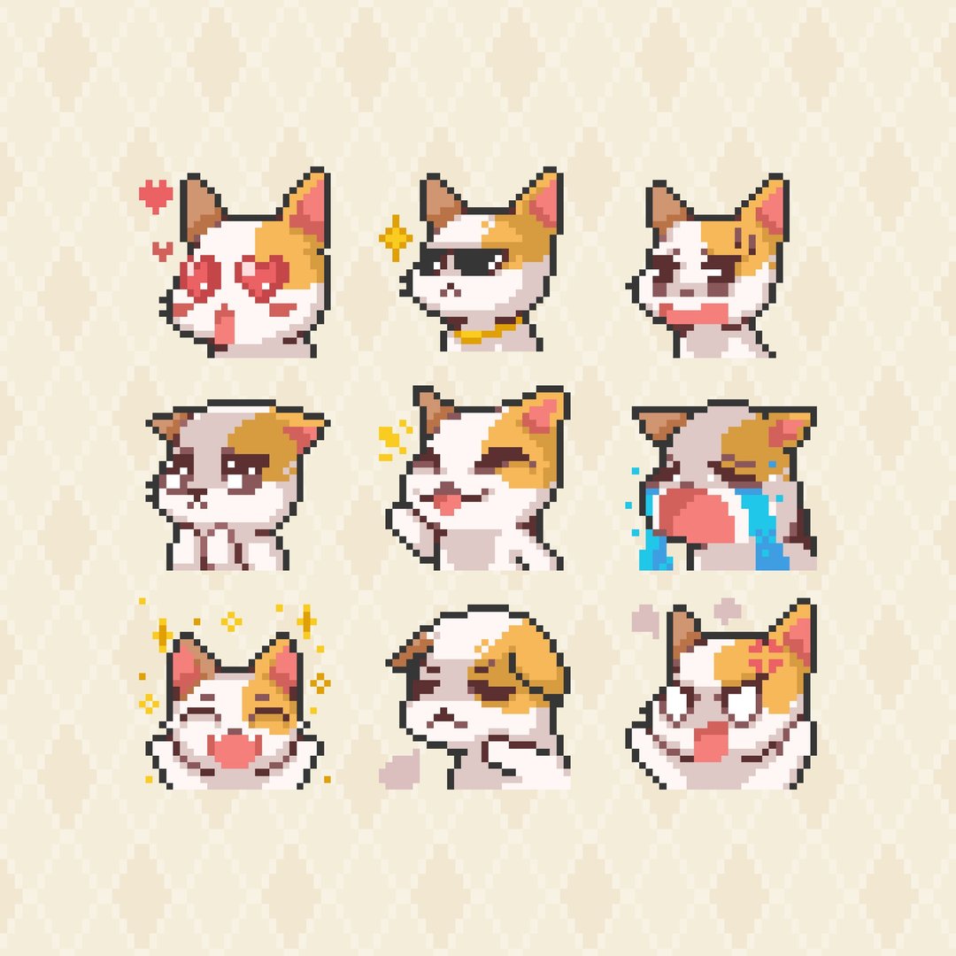 Twitch 表情符号贴图/忠诚点数奖励/怀旧像素风/花猫 - 电脑手机桌布/贴图/App 图示 - 其他材质 