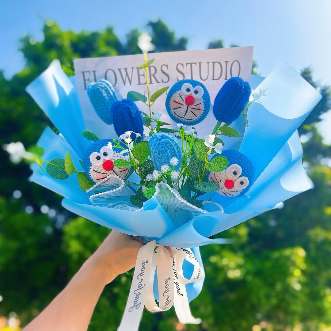 手工钩针机器猫主题花束新奇居家摆件新奇居家摆件 - 干燥花/捧花 - 棉 蓝色