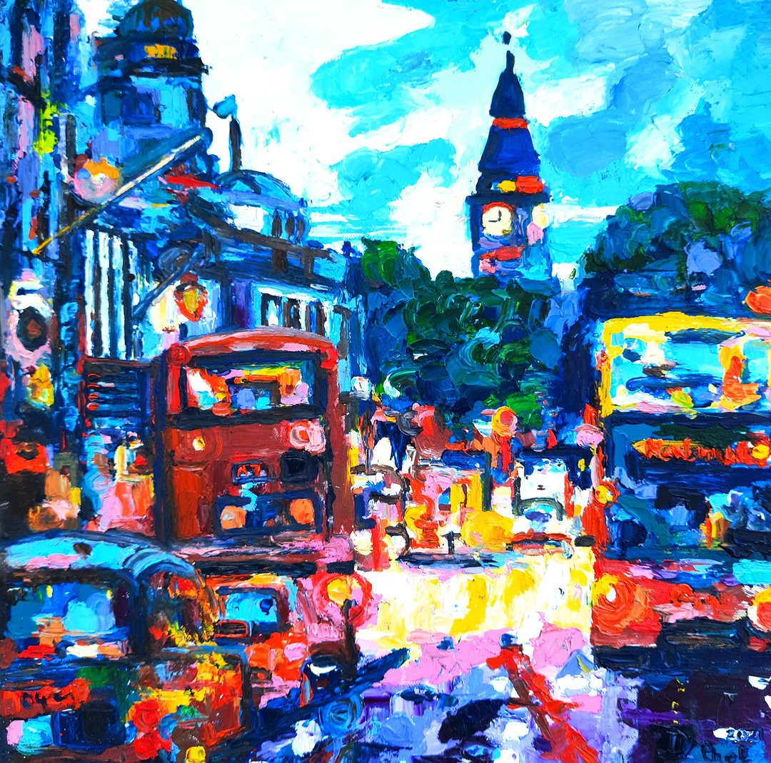 London Painting Original Art London Streets Impasto Oil Painting by OlgaShel - 海报/装饰画/版画 - 棉 蓝色