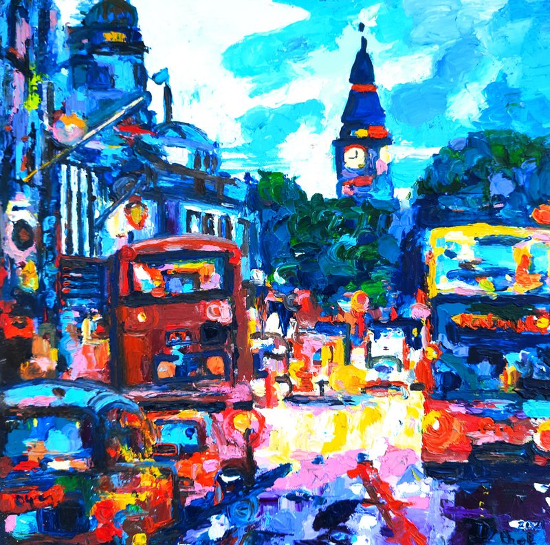 London Painting Original Art London Streets Impasto Oil Painting by OlgaShel - 海报/装饰画/版画 - 棉．麻 蓝色