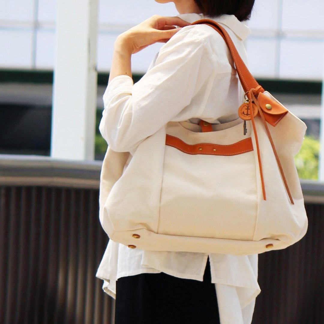 tanton-Generated Kurashiki canvas x leather tote bag - 手提包/手提袋 - 棉 白色