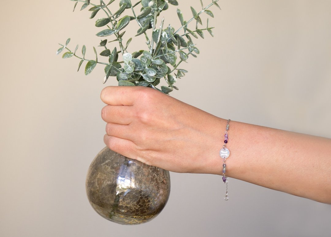 May birthstone, Gemini bracelet, Fluorite, 925 silver, Mother's day gift - 手链/手环 - 宝石 多色