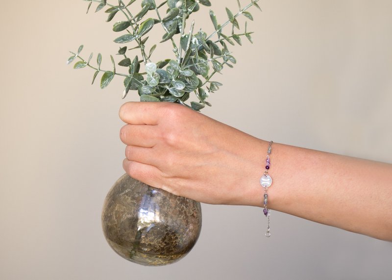 May birthstone, Gemini bracelet, Fluorite, 925 silver, Mother's day gift - 手链/手环 - 宝石 多色