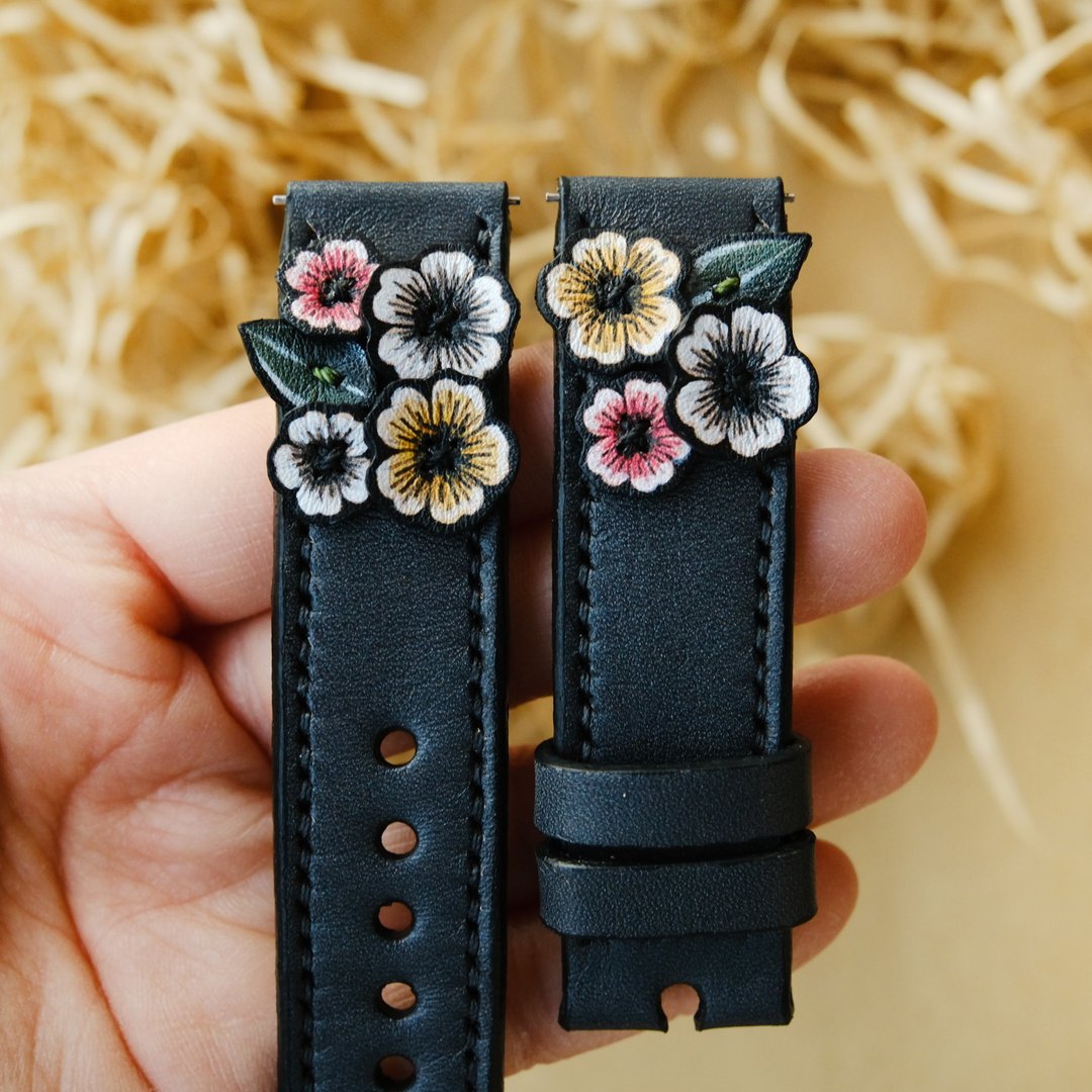 Apple Flower Band皮革手表表带 - 表带 - 真皮 黑色